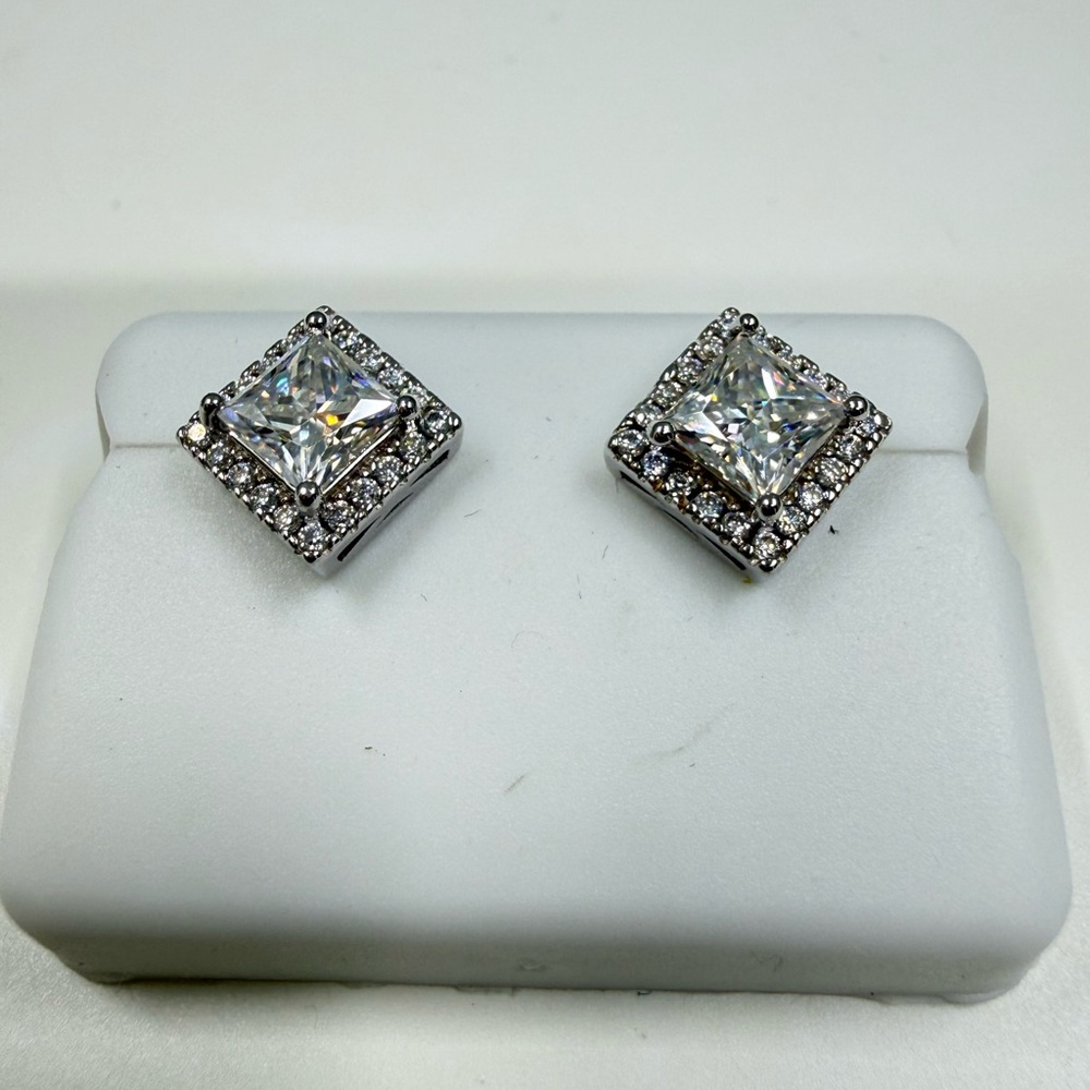 925 Sterling Silver Princess Cut Moissanite Halo Screw Back Studs 3.00 CTW